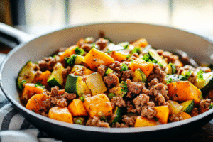 Ground Beef Zucchini Sweet Potato Skillet