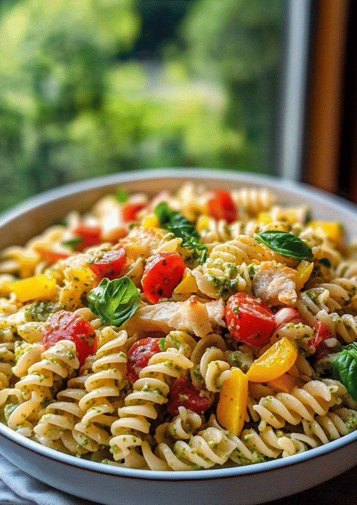 Corn Pasta Salad with Creamy Pesto Dressing