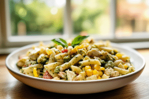 Corn Pasta Salad with Creamy Pesto Dressing