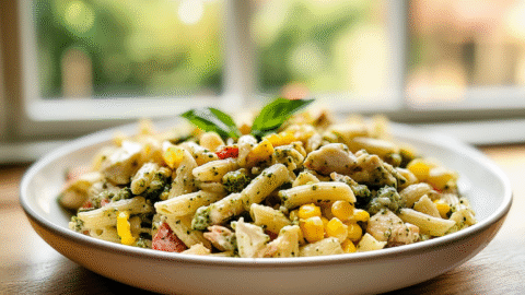Corn Pasta Salad with Creamy Pesto Dressing