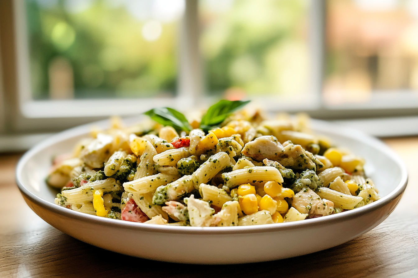 Corn Pasta Salad with Creamy Pesto Dressing