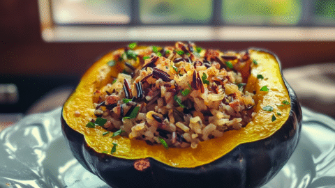 Stuffed acorn squash with wild rice